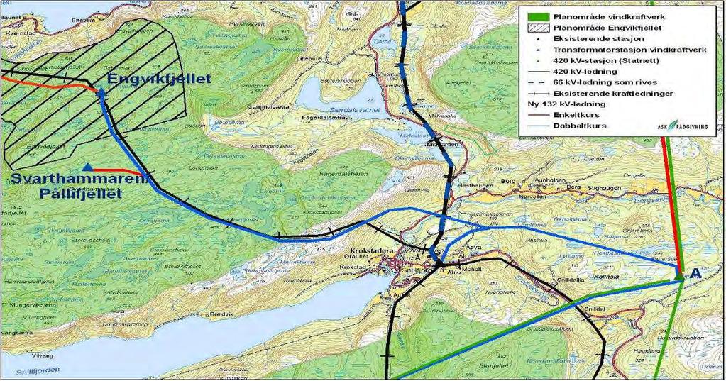 For sentralnettstasjon alternativ A vil dobbeltkursledningen bli ca. 4 km lenger (se kart Figur 21). Figur 21. Svarthammaren/Pållifjellet/Engvikfjellet Snillfjord A.