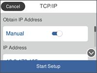 Tilkobling 4. Trykk TCP/IP. 5. Velg Manuell ved Skaff IP-adresse.