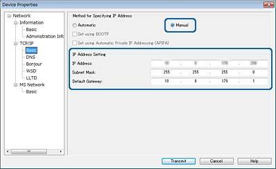 Tillegg 6. Skriv inn adresser for IP Address, Subnet Mask, og Default Gateway. Merknad: Angi en statisk adresse når du kobler skanneren til et sikkert nettverk. 7. Klikk på Transmit.