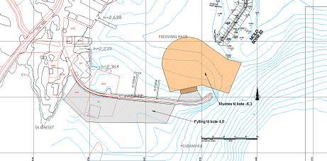 Planskisse på kai, utdyping og fylling for næringsområde. Ny kai anlegges ut mot enden av dagens molo, men likevel i skjul for sjøgang fra sør og sørvest.