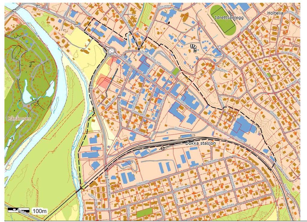 3.3 DOKKA I NORDRE LAND KOMMUNE Gjennom arbeidet med kommuneplanens arealdel og Fokusområde Dokka, er det i foreliggende planforslag gitt føringer gjennom arealformål, retningslinjer og bestemmelser