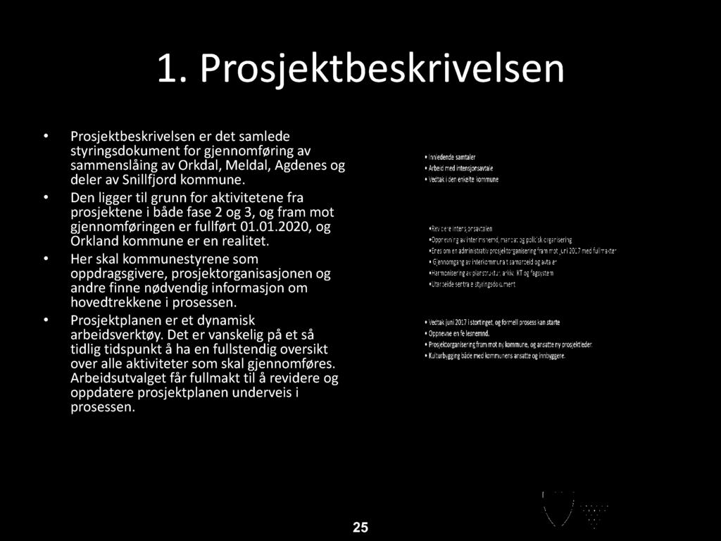 1. P rosjektb eskri vel sen Prosjektbeskrivelsen er det samlede styringsdokument for gjennomføring av sammenslåing av Orkdal, Meldal, Agdenes og deler av Snillfjord kommune.