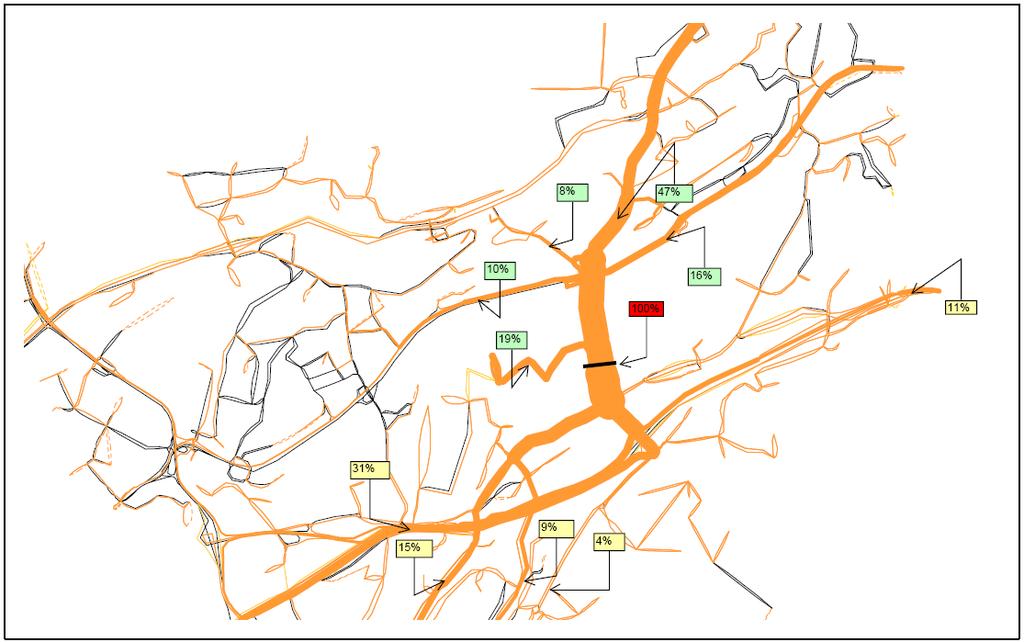 23 Figur 23. Selected link Nedre Kalbakkvei mellom Alfasetveien og Strømsveien i morgenrush kl 8-9. Figur 24 viser trafikk som passerer et snitt øst for bomstasjonen på Strømsveien i morgenrush.