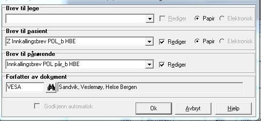 Versjon: 9.01 Velg aktuelle mal i dette bildet: NB! Dersom du ikke skal skrive ut brev til lege, settes dette feltet blank ved å trykke på deleteknappen.