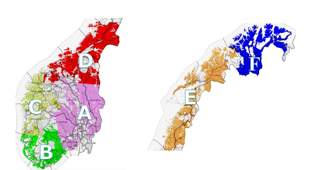 Norge inndelt i 6 områder