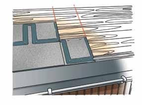 Avstanden skal være lik bredden av en halv shingeltunge, 250 mm. Start leggingen ved den ene linjen og fortsett ut mot sidene.