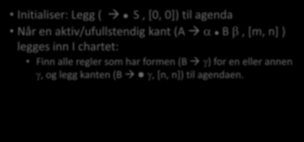 Top-Down Legg de aktive kantene (B γ, [k,k]) som er nødvendige, til agendaen Initialiser: Legg ( S, [0, 0]) til agenda Når en aktiv/ufullstendig kant (A α