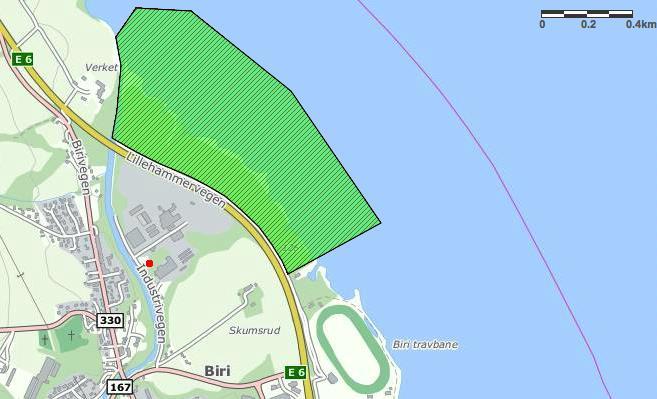 Figur 1: Kart over Biri. Svennesvollene naturreservat (grønt), og lokalitet for skjøtselsstudie (rød sirkel).