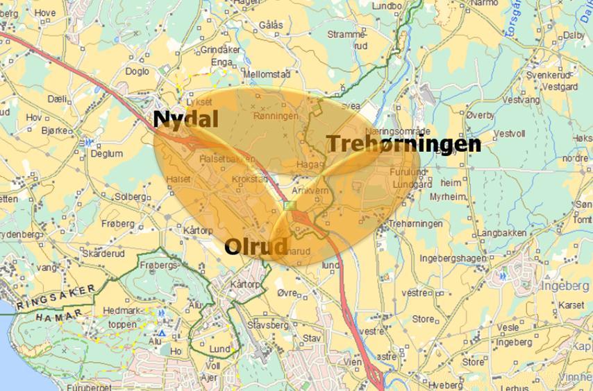 Utredningsområde Triangelet mellom Olrud, Nydal og Trehørningen og alternativer for næringsområder innen disse rammene skal utredes.