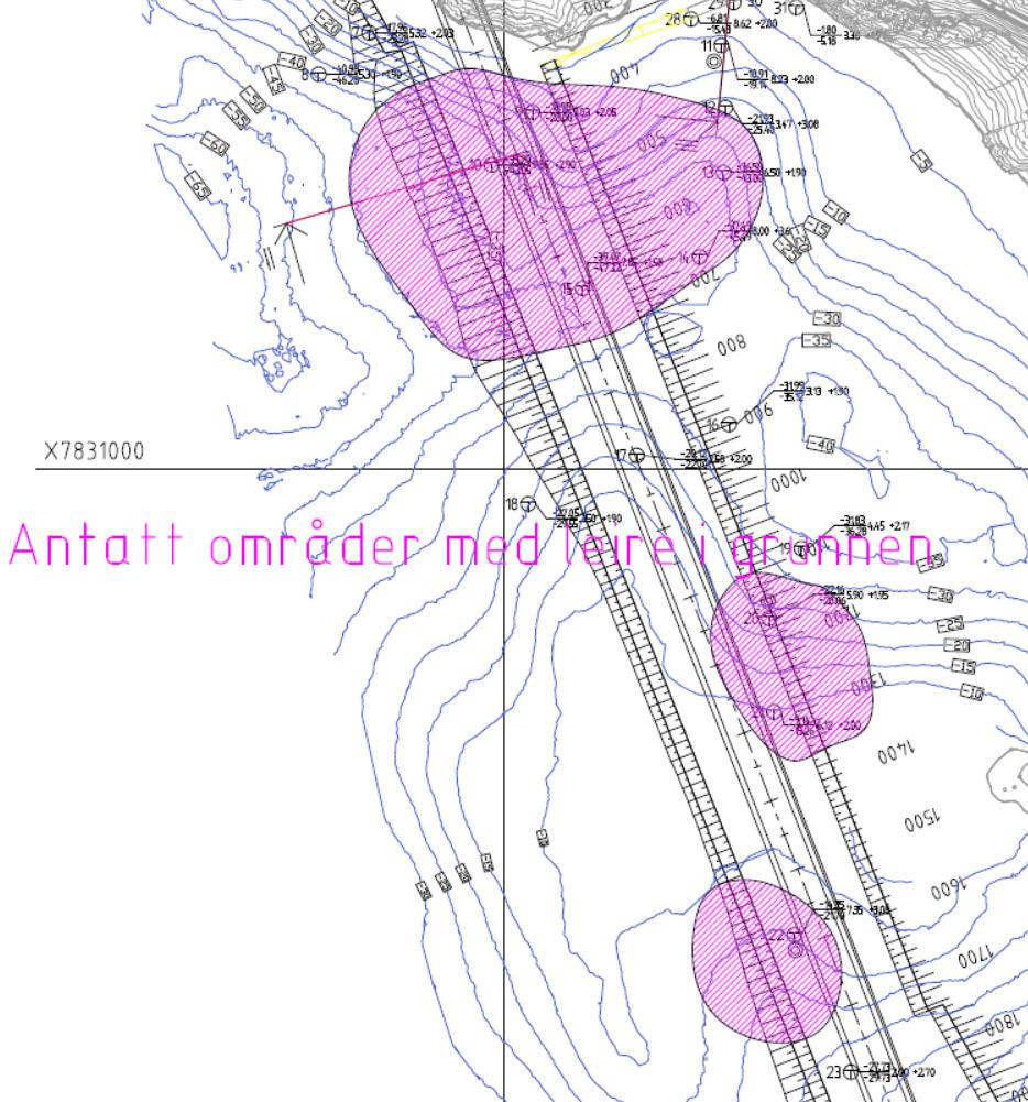 Ny Hammerfest Lufthavn Grunnundersøkelser M U L T I C O N S U L T Områdemarkeringen er veldig omtrentlig da boringene er veldig spredte samt at det er vanskelig å tolke lag-grensen mellom