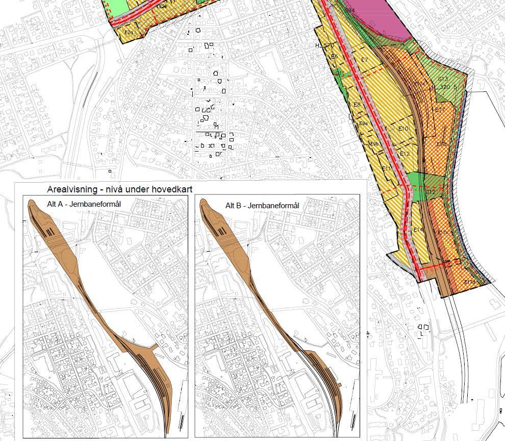 Figur 53: Utsnitt fra plankart - justert plan Høring Kommunen ønsker gjerne synspunkter på om det bør bygges lokk over jernbanen langs gravlunden, hvor mye av Paradis (hvilket alternativ) som bør