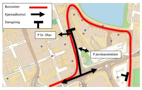 Figur 17: Bussveien gjennom sentrum, adkomster til parkeringshus og Statens vegvesens forslag til stenging av gaten for gjennomkjøring Det kritiske punktet for framføringen av bussveien er fra