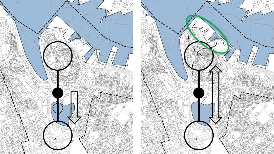 3.14 Delområdene 3.14.1 Havnefronten fra Holmen til Bekhuskaien Utgangspunkt og problemstilling Holmen Tidligere høringsforslag inneholdt et større byutviklingsgrep på Holmen nord på sentrumshalvøya