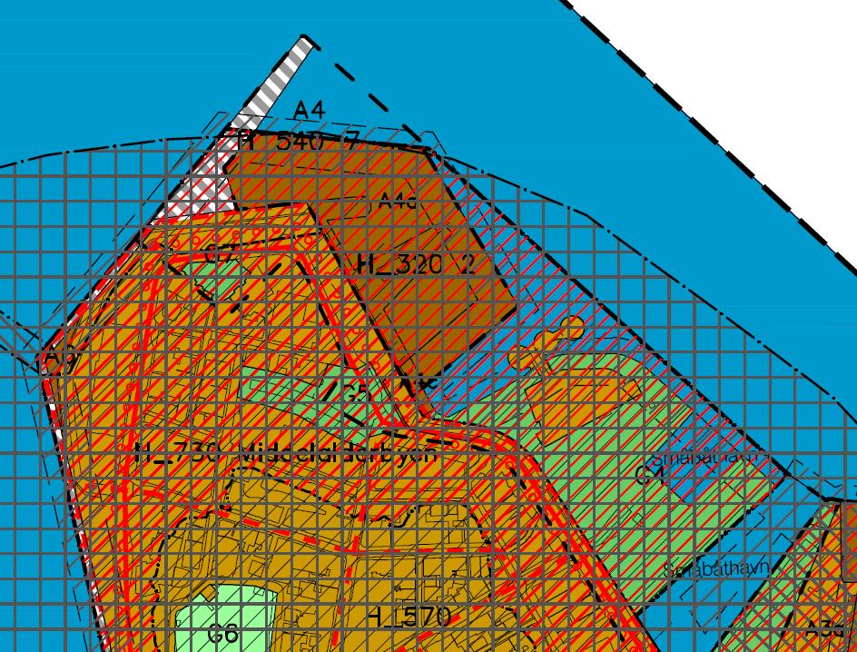 Figur 29: Holmenområdet i det justerte planforslaget De bearbeidede planbestemmelsene gir en generell føring for hele havnefronten om at ny bebyggelse skal være i oppbrutte bygningsvolumer i