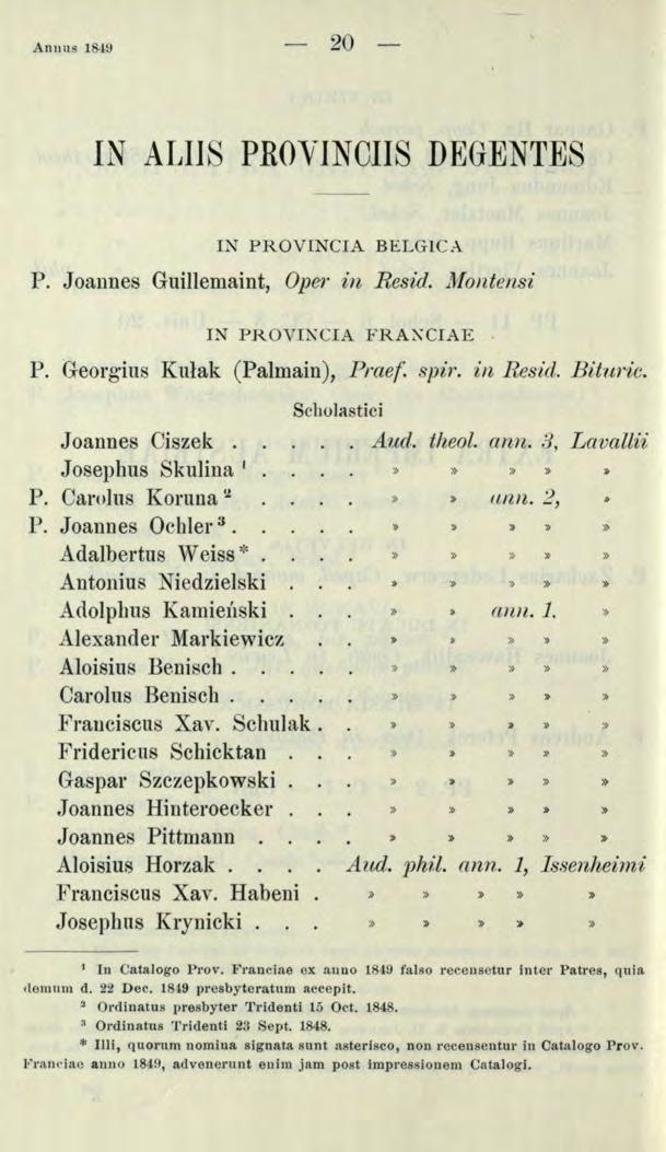 Annus 8±9 0 IN ALIIS PRO.VINCIIS DEGENTES IN PROVINCIA BELGICA P. Joannes Guillemaint, Oper in Resid. -"tlontensi IN PROVIKCIA FRA~CIAE P. Georgius Kulak (Palmain), Praef. spir. in Resicl. Bituric.