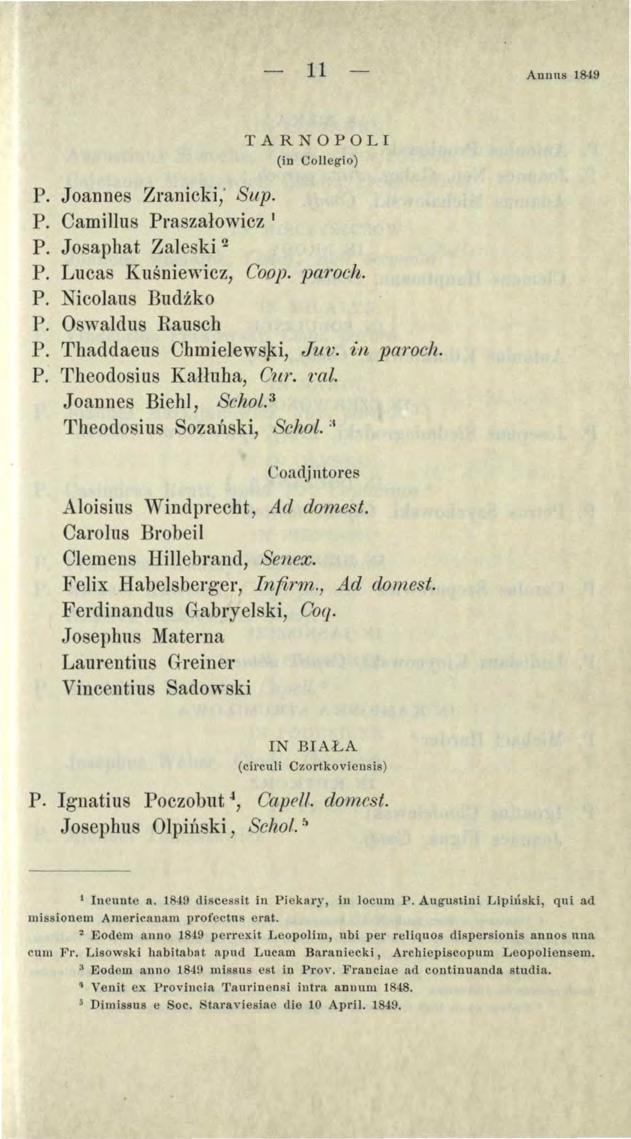 Annns 849 TARNOPOLI (in Collegio) P. Joannes Zranicki; Sup. P. Camillus Pra.szalowicz P. Josaphat Zaleski P. Lucas Kusniewicz, Coop. paroch. P. Nicolaus Budzko P. Oswaldus Rausch P.