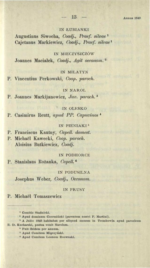 Annus 849 IN LUBIANKI Augustinus Siwocba, Coadj., Praef. silvae Cajetanus Markiewicz, Coadj., Praef. silvae IN MIECZYSZCZÓW Joannes Macialek, Coadj., A,qit oeconom. IN MILATYN P.