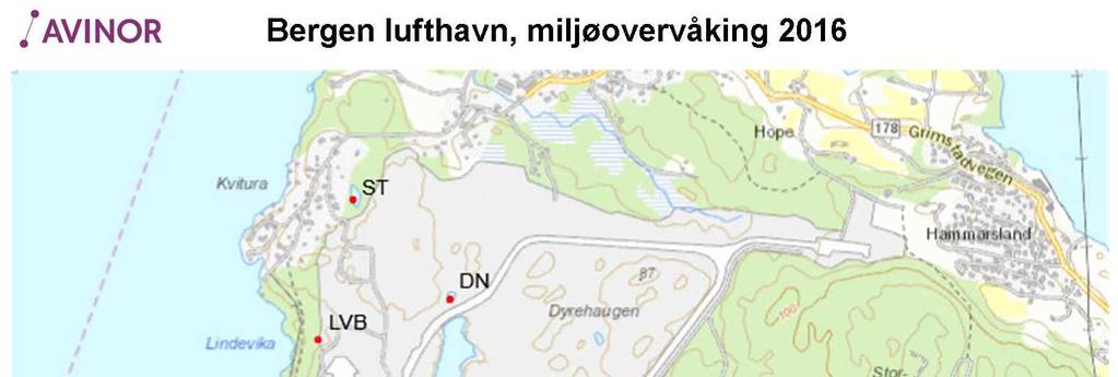 PFC-filter F DN2 BØF1 1 BØF2 O Figur 1.1. Området for prøvetakning ved Bergen Lufthavn Flesland i 2010-2016.