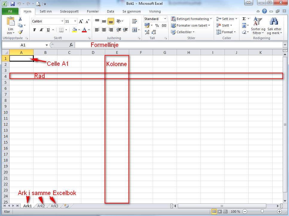 Excel grunnkurs Skjermbilde/oppbygging Radene har løpenummer nedover og kolonner navnes alfabetisk. Dermed får hver celle (rute) et eget "navn", eksempelvis A1, B7, D3 osv.