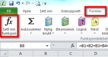 I denne nye raden (rad 8) skriver jeg Sum i celle A8 og avslutter med Enter-tasten, Tab-tasten eller piltaster: I celle B8 ønsker jeg å få Excel til å regne ut summen av tallene i cellene B1 -> B7.