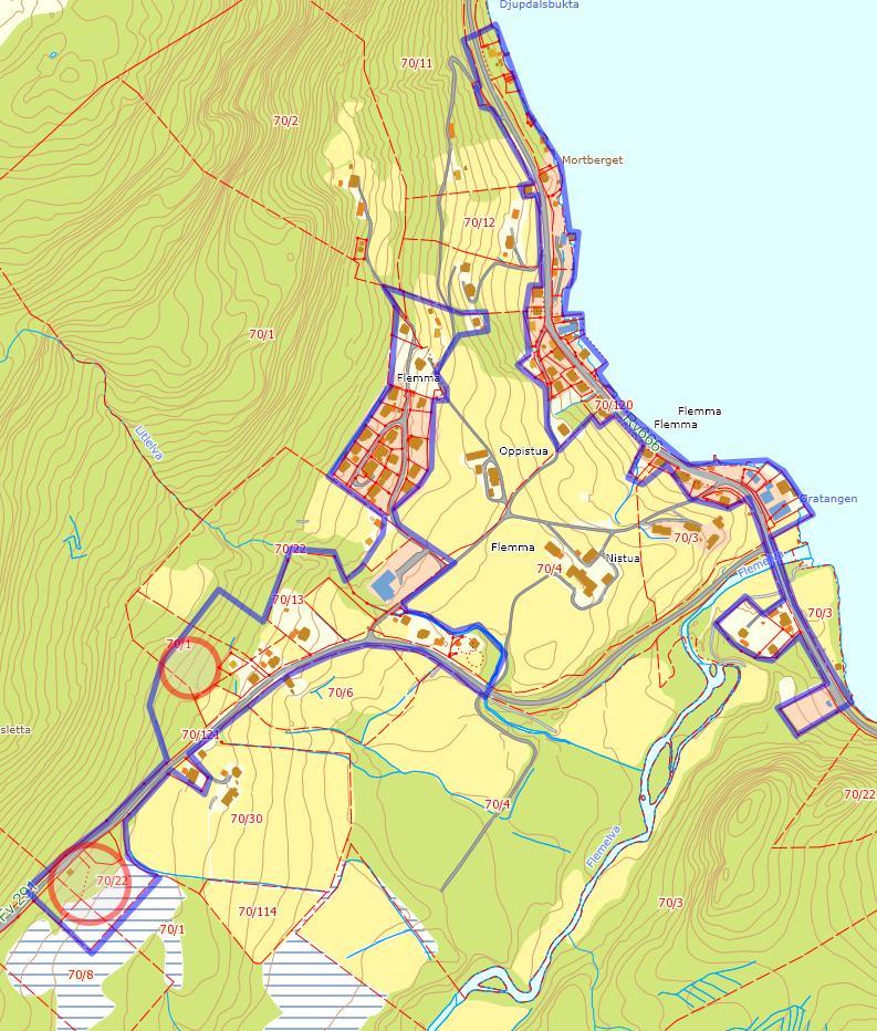 Nytt område sør for fylkesvegen kan gi plass for 6 tomter syd for eksisterende bebyggelse langs FV665.