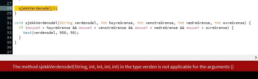 Kjør koden, hva skjer, forstår du hva feilmeldingen betyr? Gjør metodekallet om til en kommentar ved å sette to skråstreker først på linja. Ta bort parameterne inni ett av metodekallene på text();.