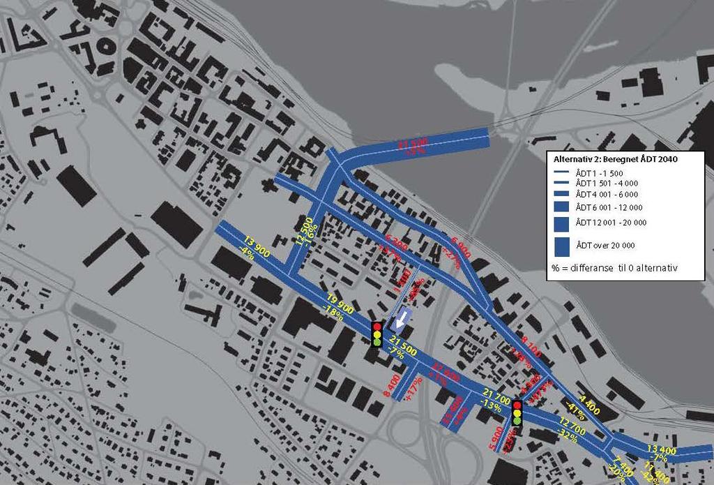 5.2.4 Alternativ 2 Figur 5-4: Beregnet ÅDT i 2040 for alternativ 2. I alternativet er det signalregulering i Neumanns gate og Lilleøygata. Neumannsgate er i tillegg enveiskjørt.