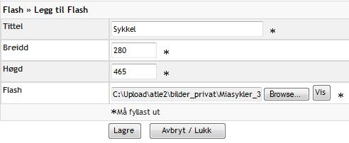 2.4.1 Legge til flashkategori Trykk lenken Legg til flashkategori og skriv inn Tittel på kategori. I feltet Beskrivelse kan du legge inn informasjon om hva slags flashfiler som ligger i kategorien.