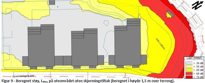 7 Uten skjermingstiltak vil deler av utearealer mellom de planlagte byggene, og deler av arealet mot Ladeparken, ha tilfredsstillende støynivå i (øverste og midterste støysonekartet).