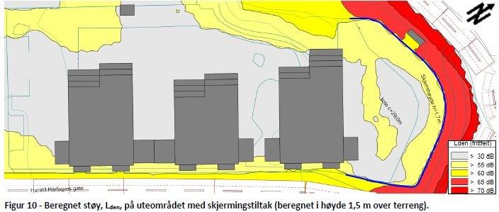 planlagte bygg ikke tilfredsstille kravet om oppholdsrom med fasade med støynivå Lden 55 db. Planløsning må også utformes med tanke på å oppnå oppholdsrom med støynivåer under grenseverdien.