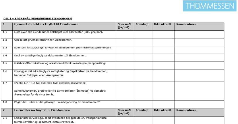 Gjennomføring av due diligence Først og fremst "papirarbeid": gjennomgang av dokumentasjon / datarom (elektronisk eller fysisk) Dokumentasjonen fremlegges iht en spørsmålsliste Viktig å kunne