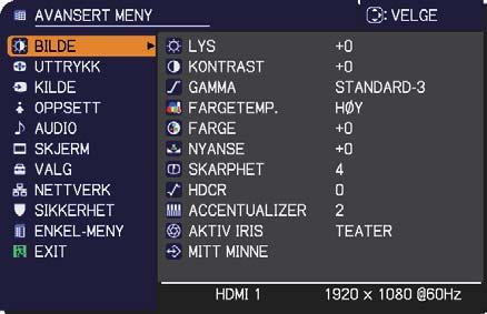 Betjening Bruke menyfunksjonen Denne prosjektøren har følgende menyer: BILDE, UTTRYKK, KILDE, OPPSETT, AUDIO, SKJERM, VALG, NETTVERK, SIKKERHET. og ENKEL-MENY.