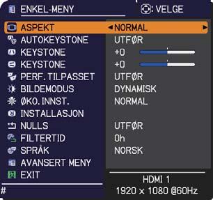 ENKEL-MENY ENKEL-MENY Fra ENKEL-MENY kan man utføre de punktene som vises i tabellen nedenfor. Velg et element ved å bruke / markørknappene. Utfør det så i henhold til følgende tabell.