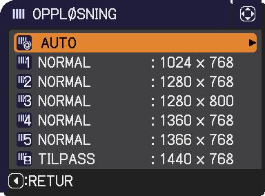 KILDE-meny Punkt OPPLØSNING Beskrivelse Oppløsningen for COMPUTER IN inngangssignal kan stilles inn på denne prosjektøren. (1) I KILDE-menyen velger du OPPLØSNING med / knappene og trykker på knappen.