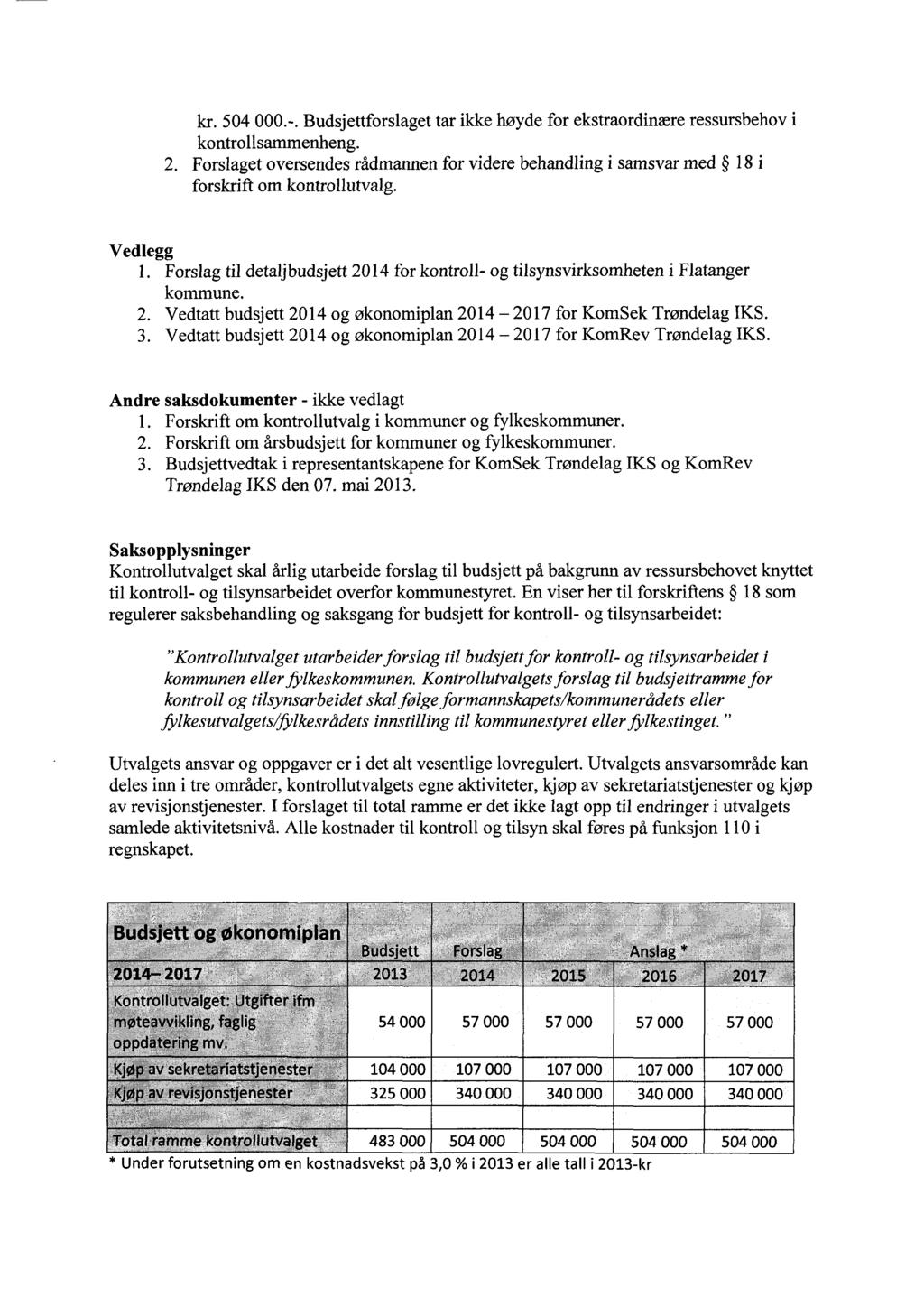 kr. 504 000.-. Budsjettforslaget tar ikke høyde for ekstraordinære ressursbehov i kontrollsammenheng. 2.