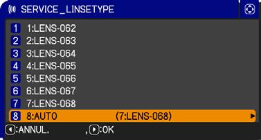 VALG-meny Punkt SERVICE (fortsatt) Beskrivelse LENS TYPE Select the lens type currently used using the / buttons.