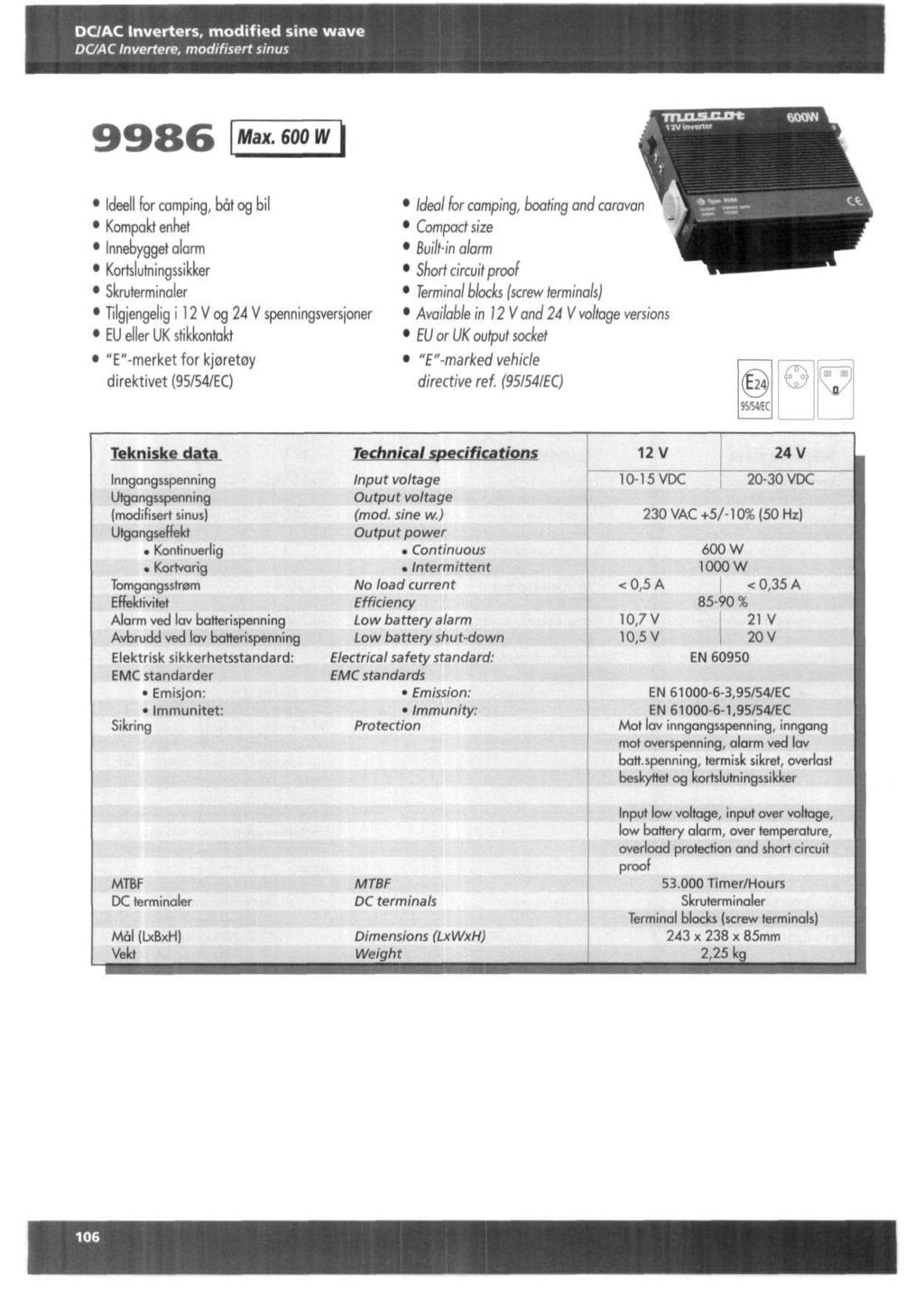 DCAC Inverters, modified sine wave DCAC Invertere, modifisert sinus Max.