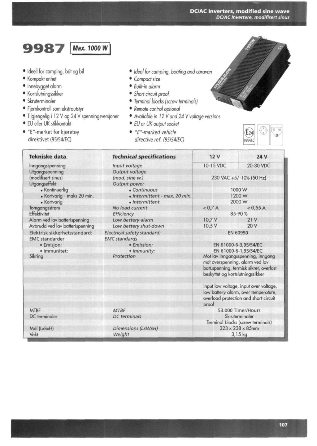 DCAC Inverters, modified sine wave DCAC Invertere, modifisert sinus Max.