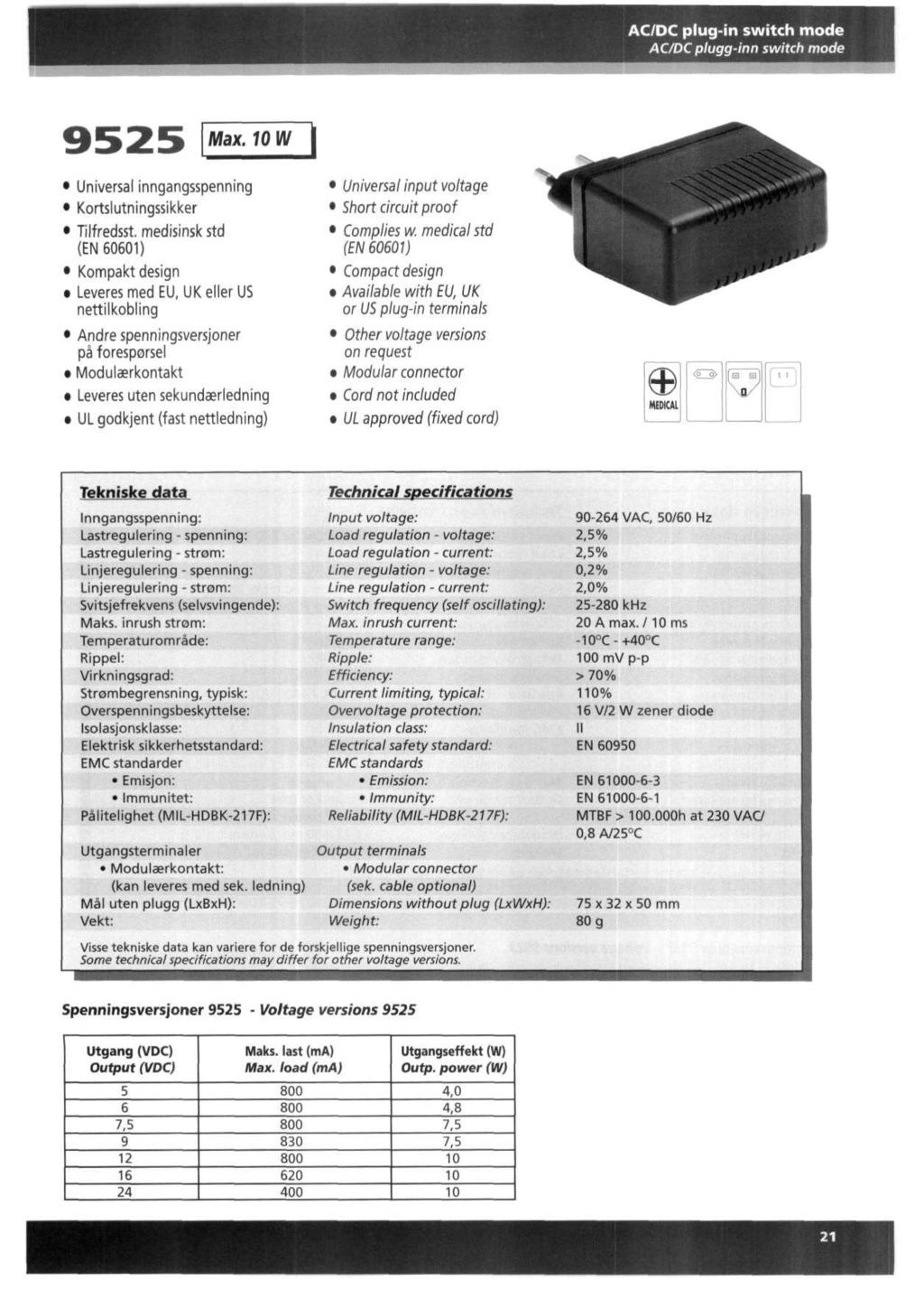 ACDC plug-in switch mode ACDC plugg-inn switch mode Max. 10 W Universal inngangsspenning Kortslutningssikker Tilfredsst.