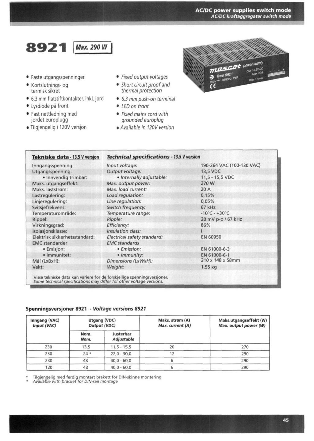 ACDC power supplies switch mode ACDC kraftaggregater switch mode Max. 290 W «ШЙЙЯЁ Faste utgangsspenninger Kortslutnings- og termisk sikret 6,3 mm flatstiftkontakter, inkl.