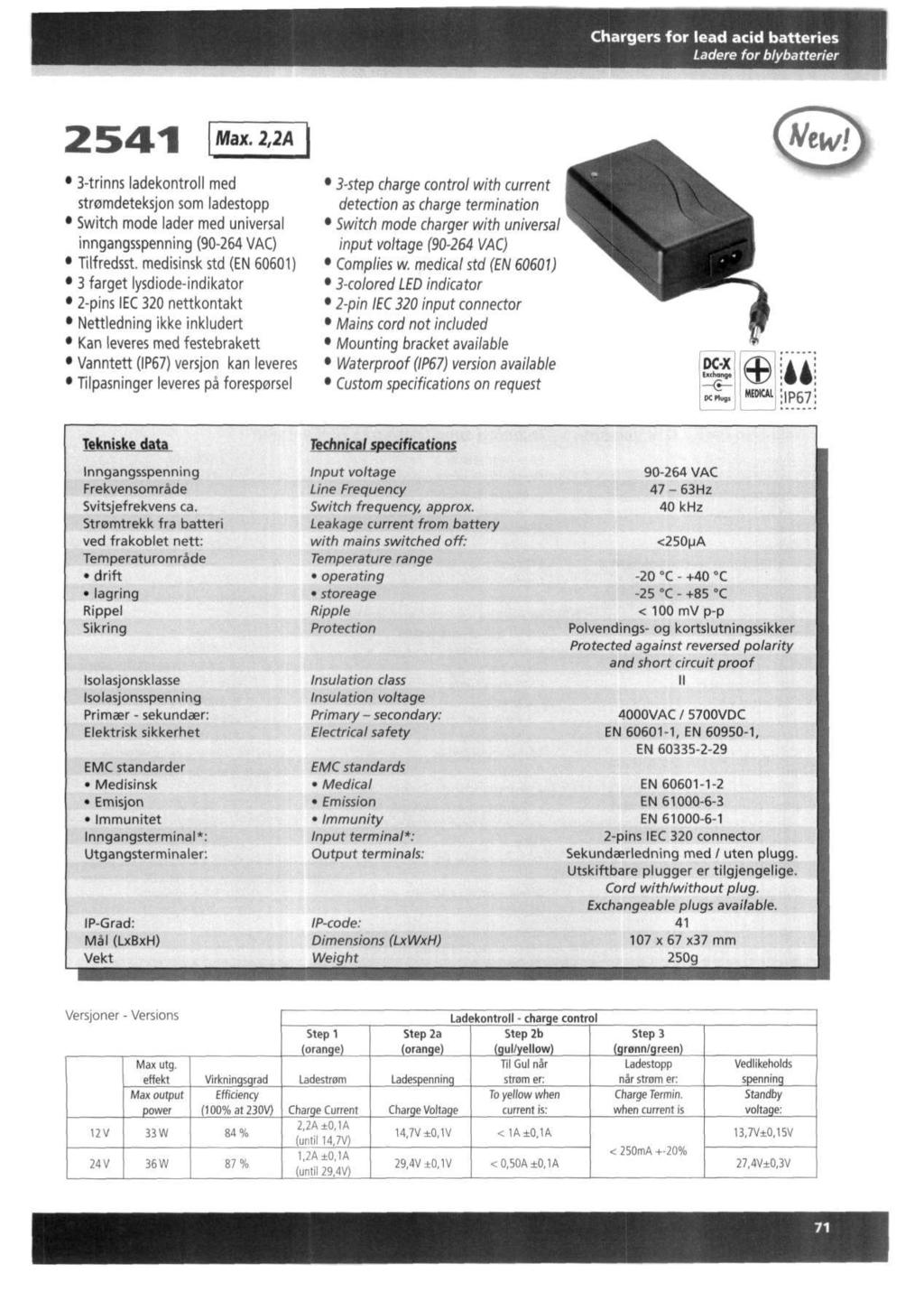 argers for lead acid batteries Ladere for blybatterier Max. 2,2k 3-trinns ladekontroll med stromdeteksjon som ladestopp Switch mode lader med universal inngangsspenning ( VAC) Tilfredsst.