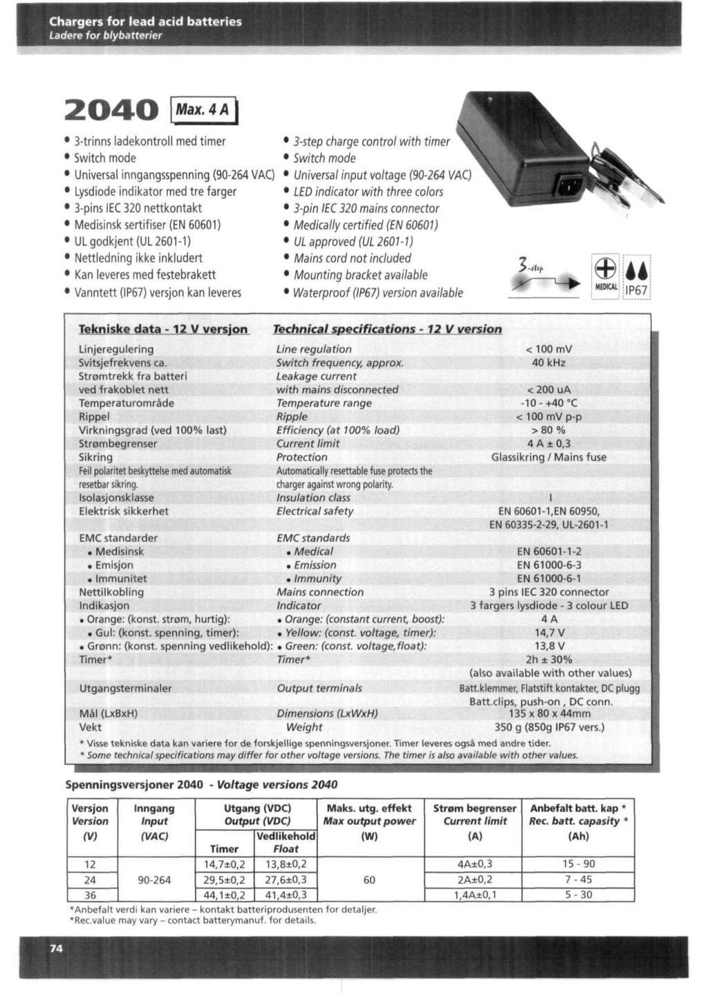 Chargers for lead acid batteries Ladere for blybatterier 2040 Max.