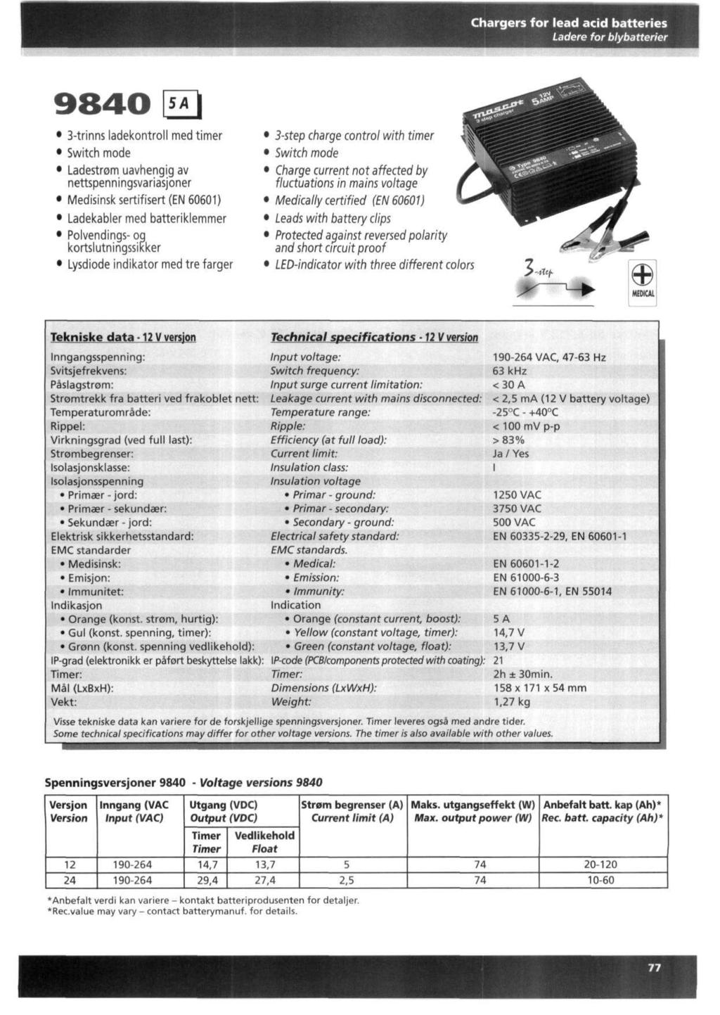 Chargers for lead acid batteries Ladere for blybatterier 9840 Hl 3-trinns ladekontroll med timer Switch mode Ladestrom uavhengig av nettspenningsvariasjoner Medisinsk sertifisert (EN 60601)