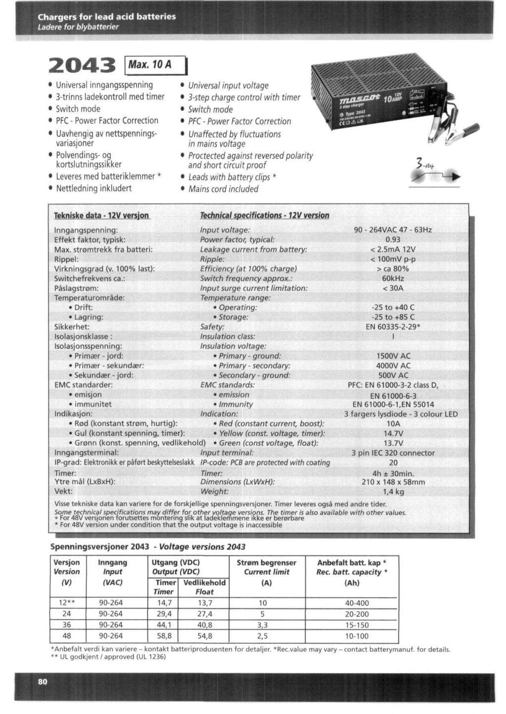 Chargers for lead acid batteries Ladere for blybatterier Max.