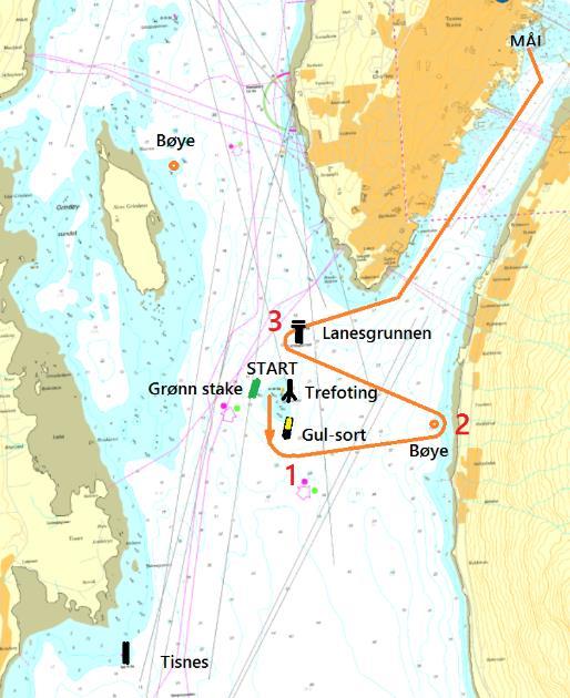 Kort sørlig bane Start mellom grønn stake ved Lanesgrunnen og trefot Babord runding gul-sort stake ved Lanesgrunnen Babord runding utlagt merke nord for Solligården Styrbord runding betonglykt på