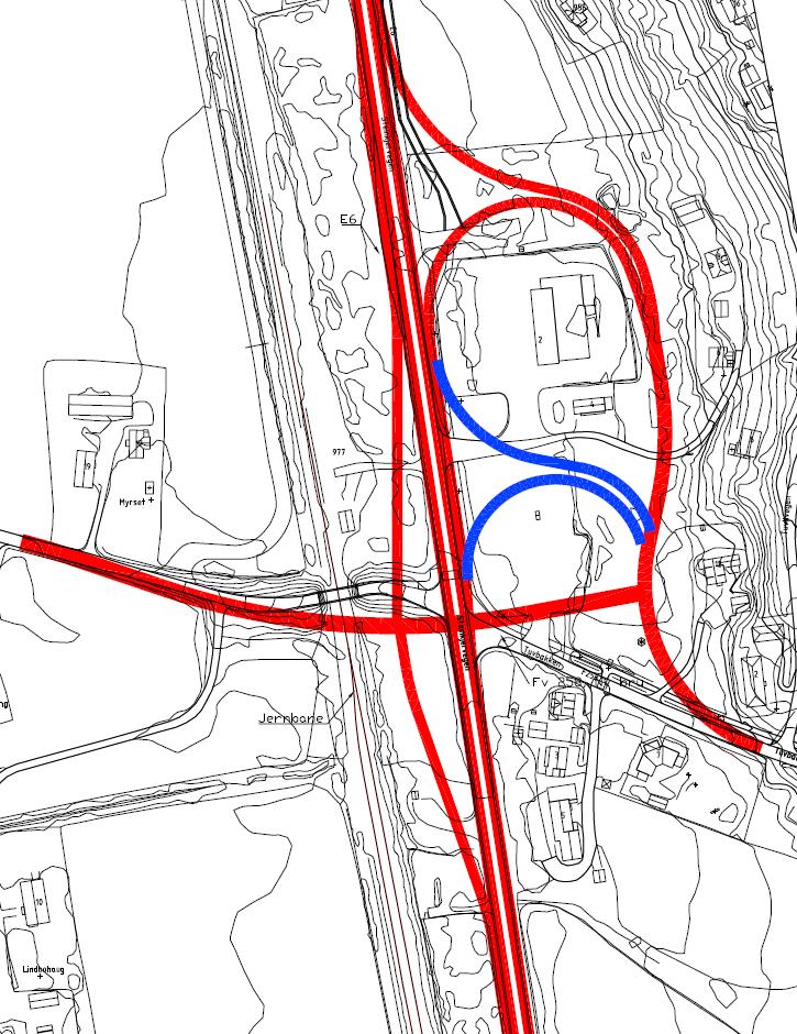 Figur 2: Alternativ 2a med av- og påkjøringsveger nord for Coop Extra.