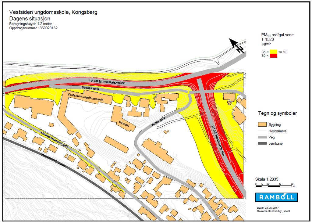 Figur 7: Luftsonekart som viser modellert konsentrasjon av svevestøv (partikulært materiale, PM 10) for området ved Vestsiden ungdomsskole for dagens situasjon (2016).