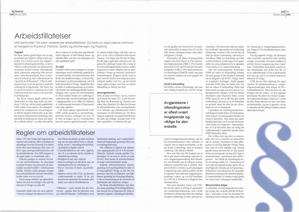 38 PRAKSIS UNE årbok 2006 årbok UNE ll 2006UNE Arbedstllatelser UNE behandlet 156 saker vedrørende arbedstllatelse.