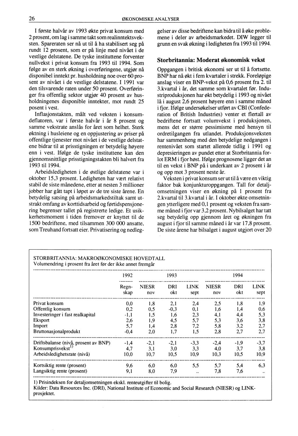 26 ØKONOMISKE ANALYSER I første halvår av 1993 økte privat konsum med 2 prosent, om lag i samme takt som realinntektsveksten.