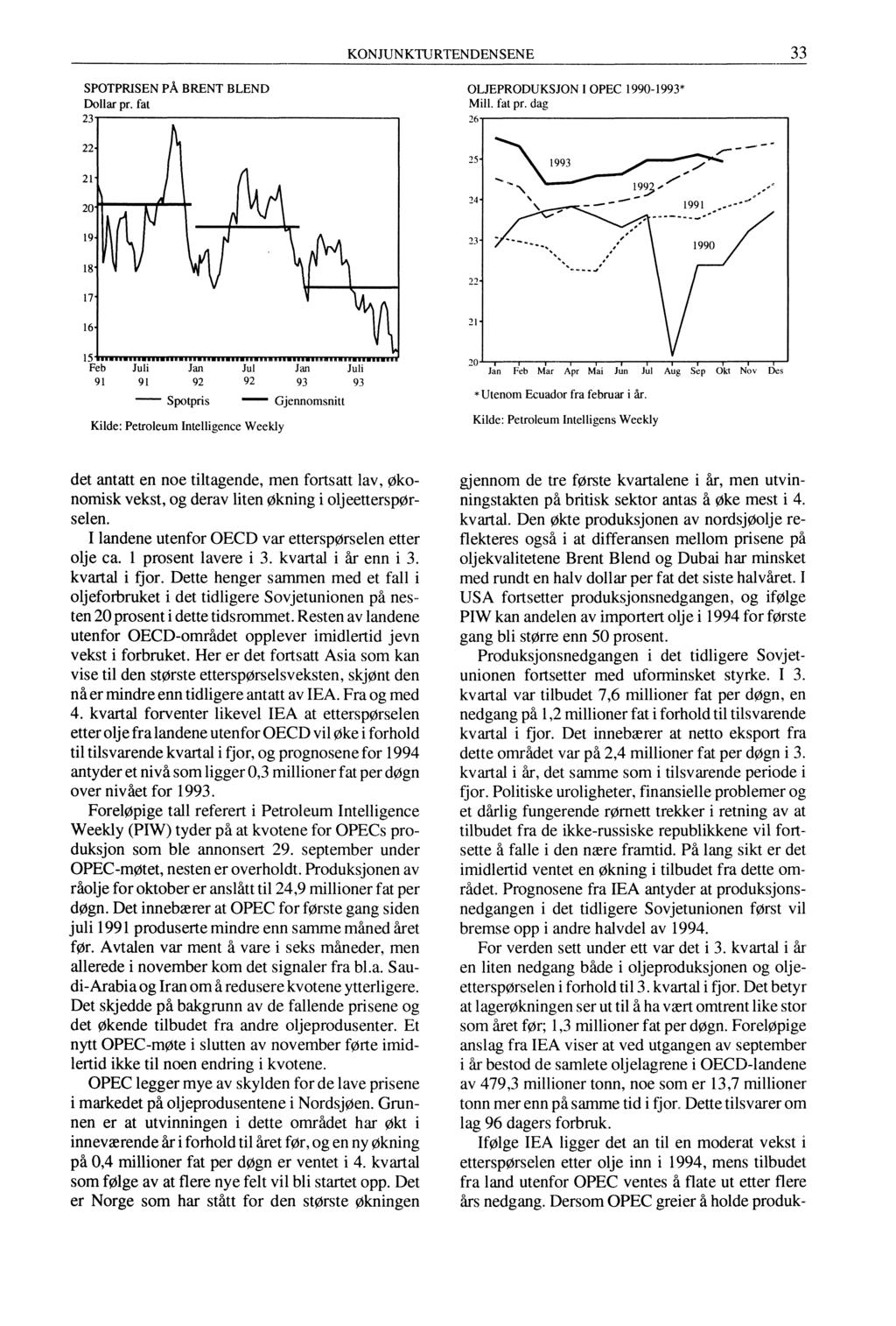 KONJUNKTURTENDENSENE 33 SPOTPRISEN PÅ BRENT BLEND Dollar pr. fat 23 OLJEPRODUKSJON I OPEC 1990-1993* Mill. fat pr. dag 26 21' 1/4 20" 18' 17" 22-19- 16-15 111.